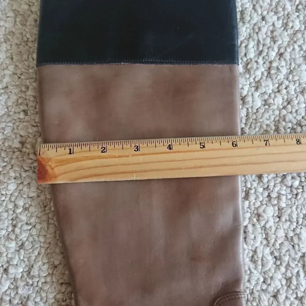 Saks Fifth Avenue Italy Taupe Brown Black Leather Knee High Riding boots sz 6